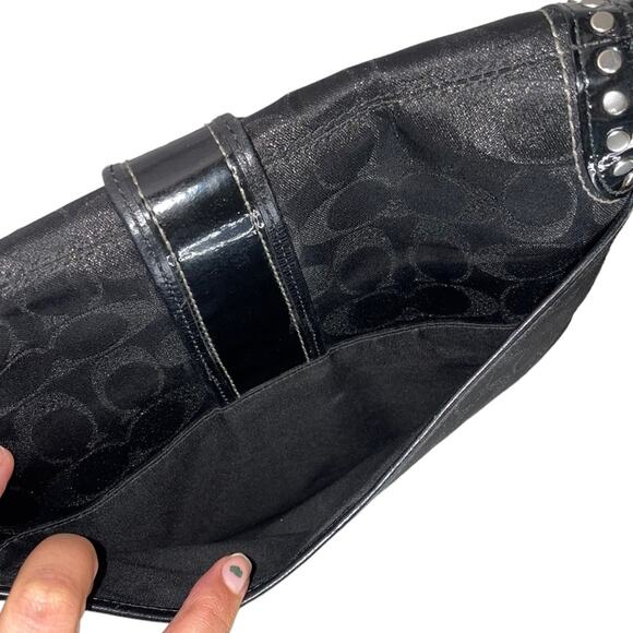 Coach Flap Duffle Monogram Canvas Leather Studding Black Shoulder Handbag Purse - Picture 6 of 12